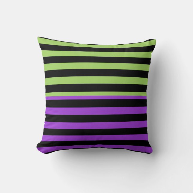 Green Purple & Black Halloween Stripe Throw Pillow (Front)