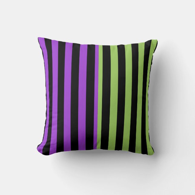 Green Purple & Black Halloween Stripe Throw Pillow (Front)