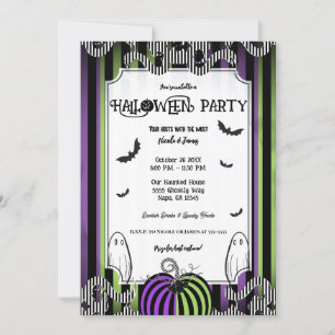 Green Purple & Black White Stripes Halloween Party Invitation