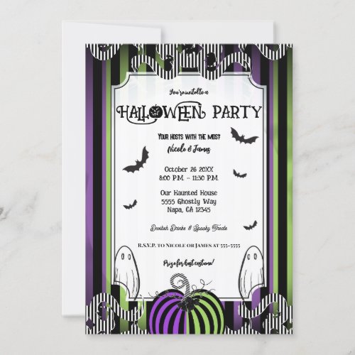 Green Purple  Black White Stripes Halloween Party Invitation