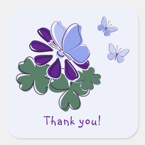 Green Purple Bloom Blue Butterfly Doodle Thank you Square Sticker