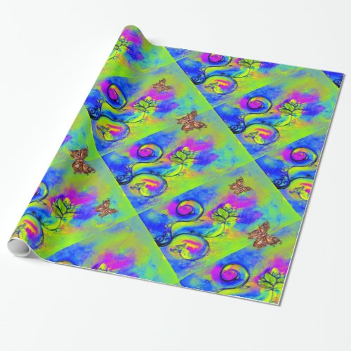 GREEN PURPLE BLUE WHIMSICAL FLOWERS BUTTERFLIES WRAPPING PAPER