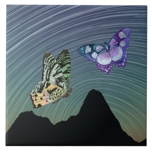 Green Purple Butterflies and Spinning Milky Way Ceramic Tile
