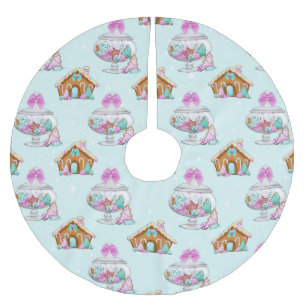 GREEN & PURPLE CHRISTMAS CANDIES & HOUSES BRUSHED POLYESTER TREE SKIRT