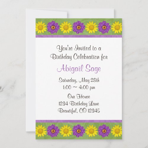 Green &amp; Purple Daisy Flower Birthday Invitation