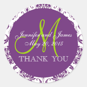Green Purple Damask Wedding Favor Thank You Classic Round Sticker