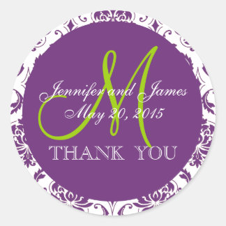 Green Purple Damask Wedding Favor Thank You Classic Round Sticker