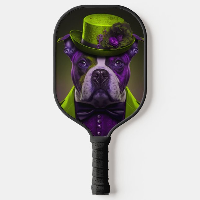 Green Purple Dog Steampunk Tophat Pickleball Paddle (Front)