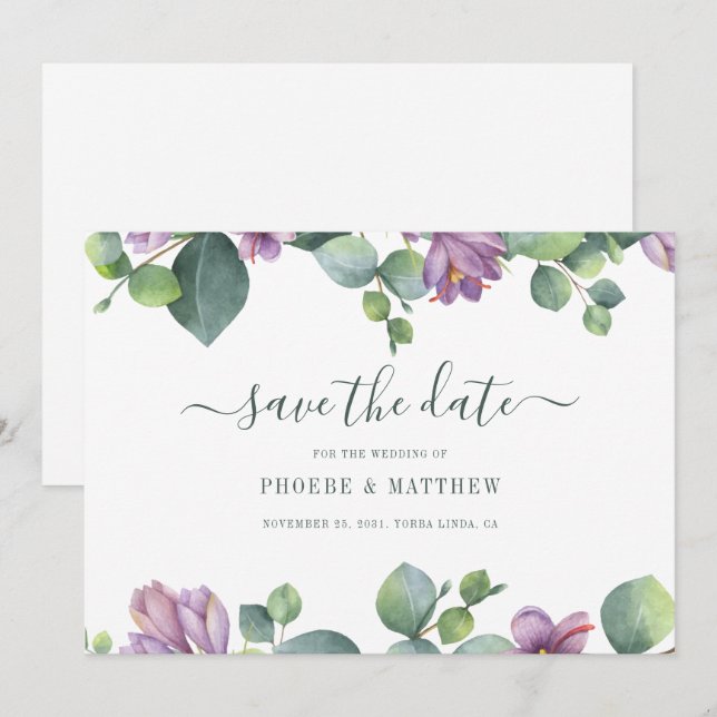 Green Purple Eucalyptus Greenery Modern Save The Date (Front/Back)