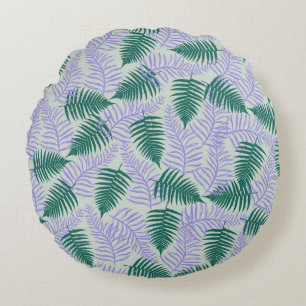 Green Purple Fern Leaves Retro 70s Flower Pattern Round Pillow