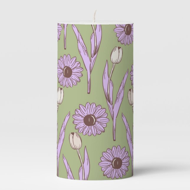 Green Purple Floral Boho Rustic Botanical Wedding  Pillar Candle (Front)