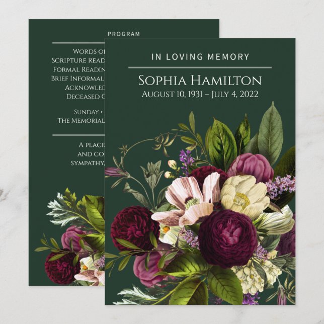 Green Purple Floral Funeral Memorial  Invitation (Front/Back)