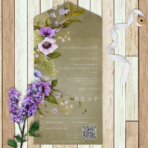 Green  Purple Floral Modern All in One Invitation