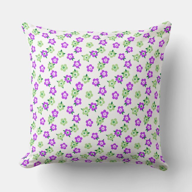 Green purple floral pattern retro sixties throw pillow (Front)