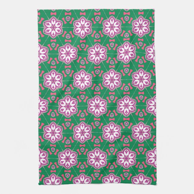 Green Purple Floral Star Groovy Pattern Kitchen Towel (Vertical)