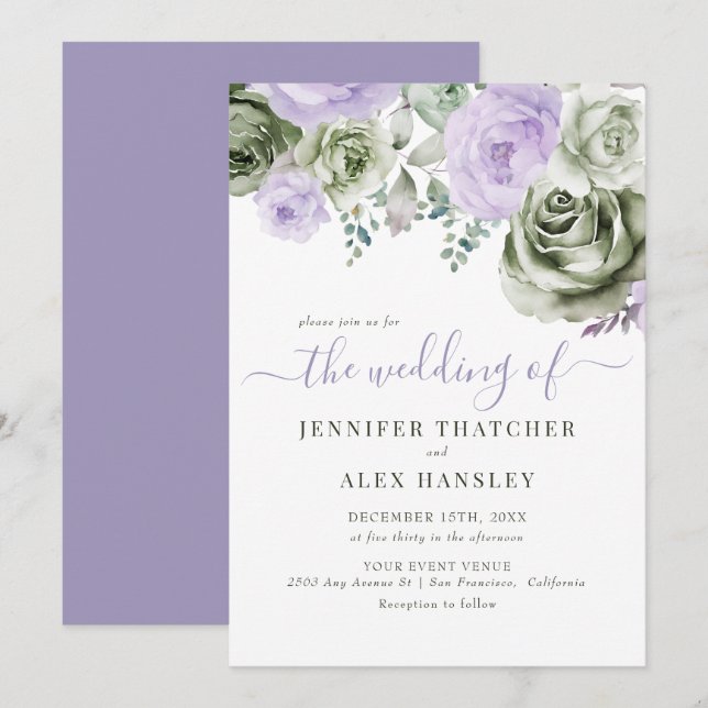 Green Purple Floral Wedding Invitation (Front/Back)