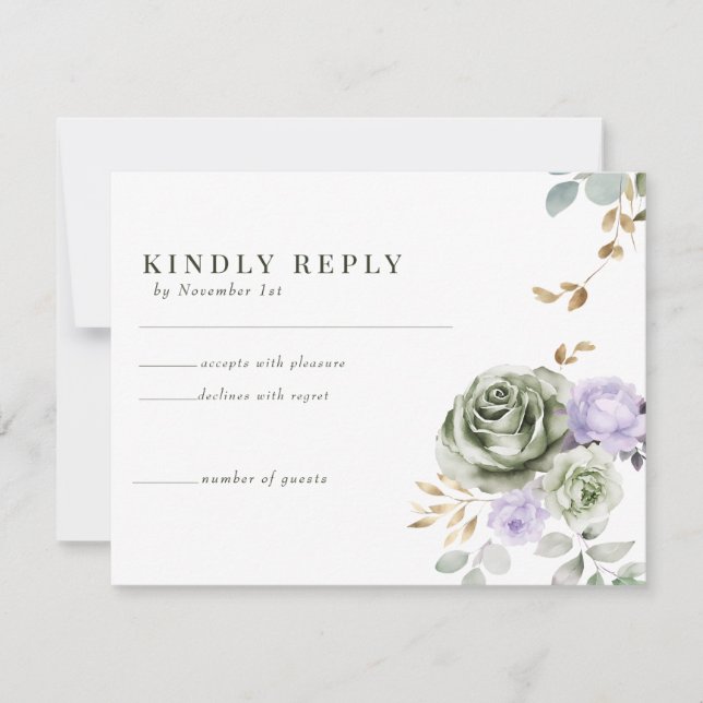 Green Purple Floral Wedding Response RSVP Cards (Front)