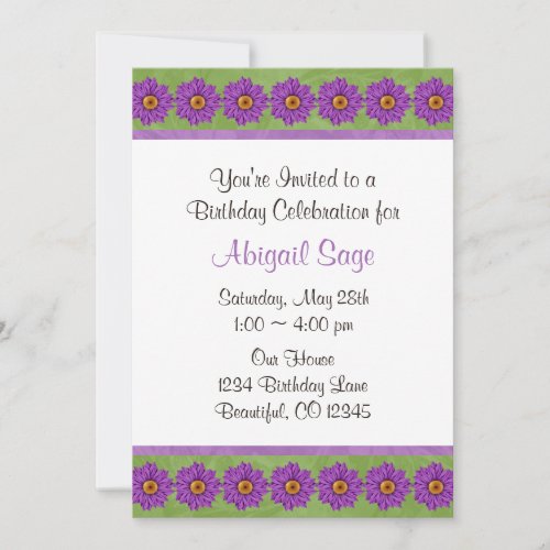 Green &amp; Purple Flower Birthday Invitation