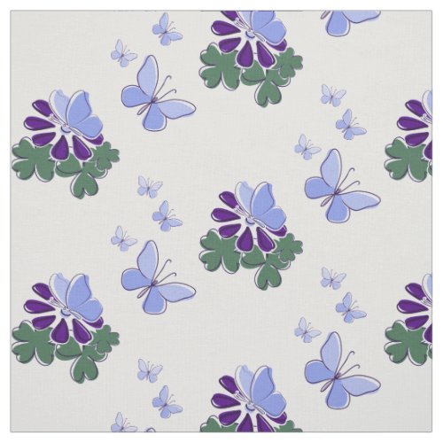 Green Purple Flower Blue Butterflies Doodle Accent Fabric