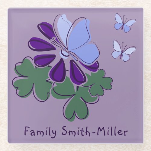 Green Purple Flower Blue Butterfly Doodle Glass Coaster