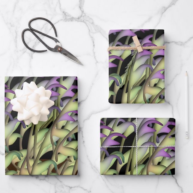 Green + Purple Foliage Black Gift  Wrapping Paper Sheets (Front)