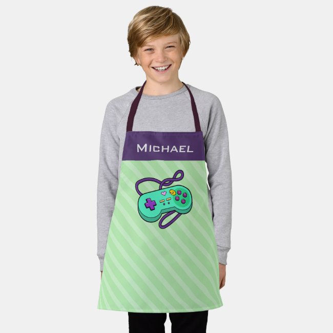 Green & Purple Gaming Joystick Console Kids Name Apron