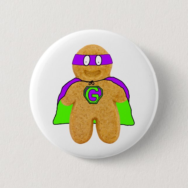 green/purple gingerbread man super hero badge pinback button (Front)