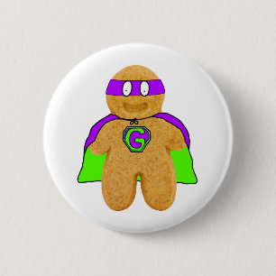 green/purple gingerbread man super hero badge pinback button