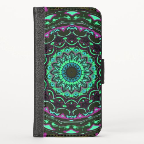 green purple glowing mandala art pattern iPhone x wallet case