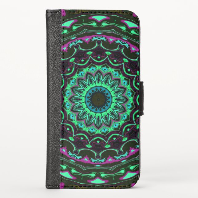 green purple glowing mandala art pattern iPhone wallet case (Front)