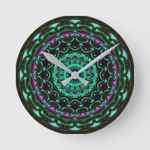 green purple glowing mandala art pattern round clock