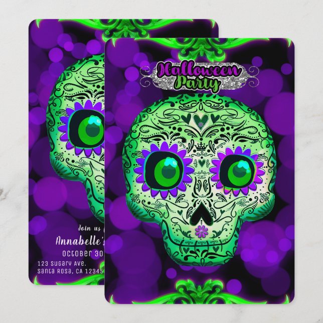 Green & Purple Glowing Skull Halloween Party Invitation (Front/Back)