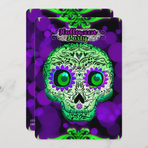 Green  Purple Glowing Skull Halloween Party Invitation