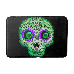 Green & Purple Glowing Sugar Skull Black Halloween Bath Mat