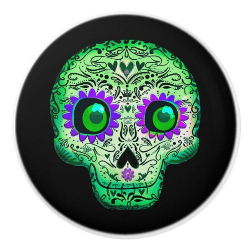 Green  Purple Glowing Sugar Skull Black Halloween Ceramic Knob
