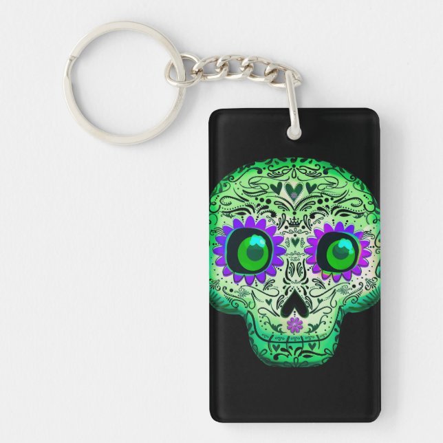 Green & Purple Glowing Sugar Skull Black Halloween Keychain (Front)