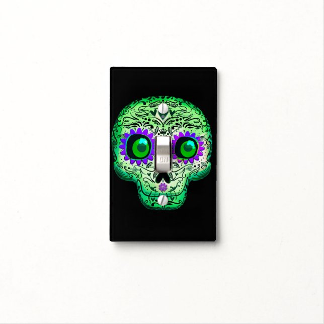 Green & Purple Glowing Sugar Skull Black Halloween Light Switch Cover (In Situ)