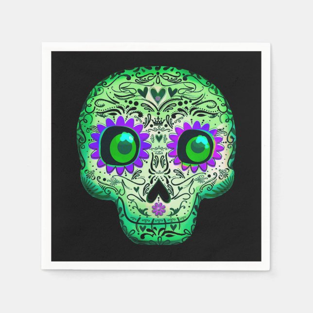 Green & Purple Glowing Sugar Skull Black Halloween Napkins (Front)