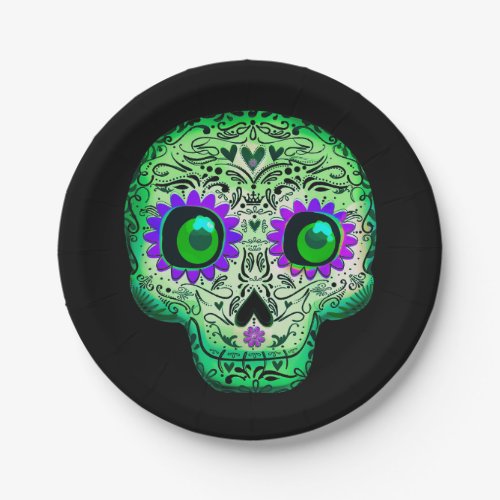 Green  Purple Glowing Sugar Skull Black Halloween Paper Plates