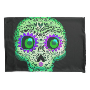 Green & Purple Glowing Sugar Skull Black Halloween Pillow Case