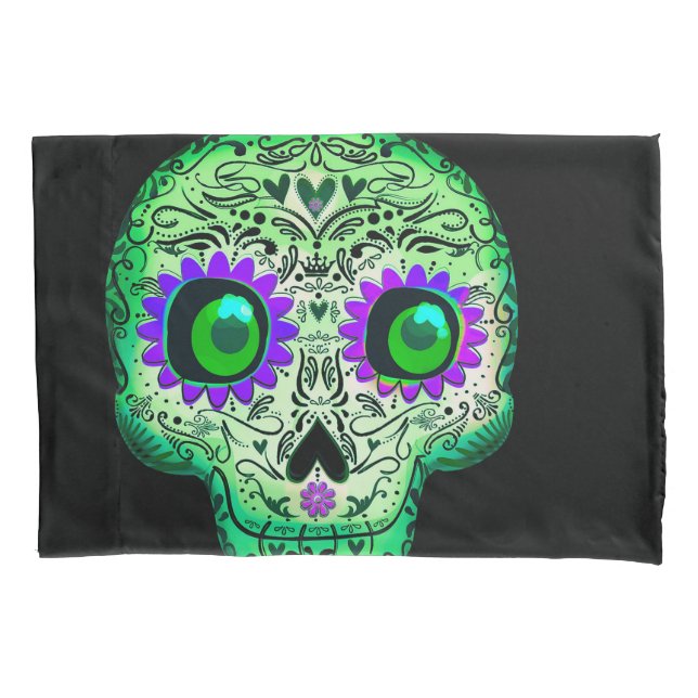 Green & Purple Glowing Sugar Skull Black Halloween Pillow Case (Front)