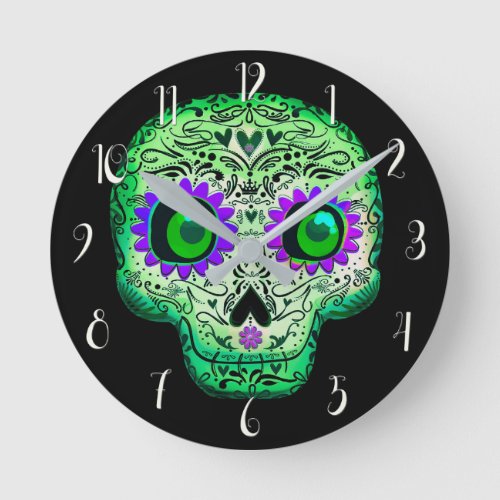 Green  Purple Glowing Sugar Skull Black Halloween Round Clock
