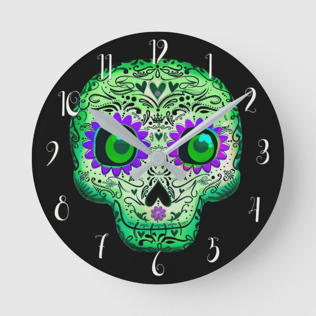 Green & Purple Glowing Sugar Skull Black Halloween Round Clock (Front)