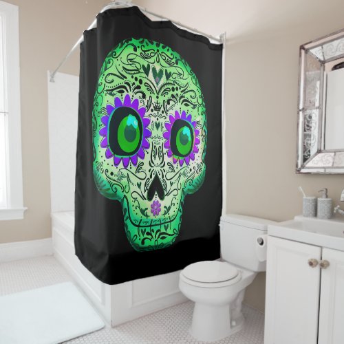 Green  Purple Glowing Sugar Skull Black Halloween Shower Curtain