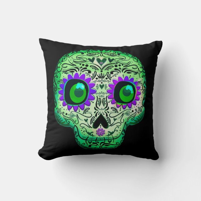 Green & Purple Glowing Sugar Skull Black Halloween Throw Pillow (Front)