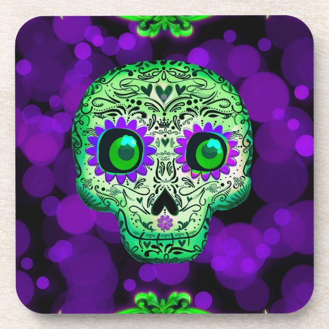 Green & Purple Glowing Sugar Skull Halloween Beverage Coaster (Front)