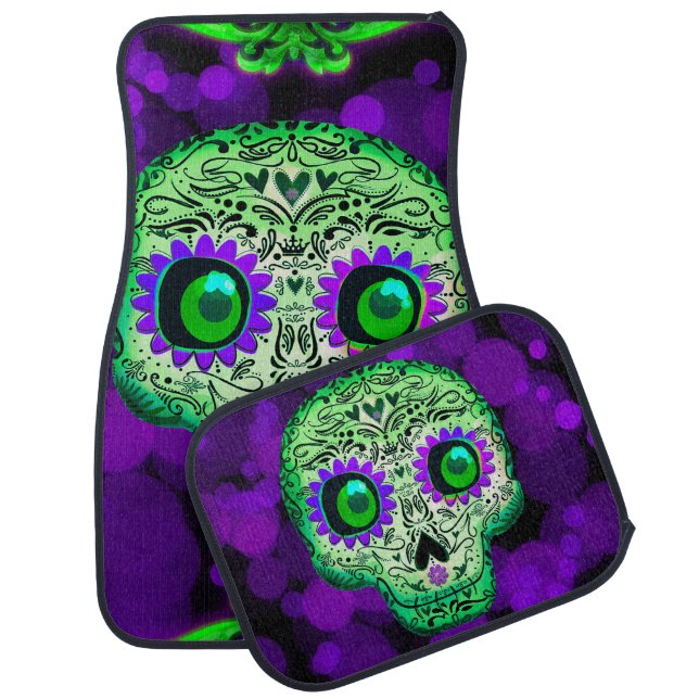 Green & Purple Glowing Sugar Skull Halloween Car Floor Mat (Set)