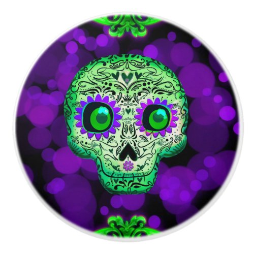 Green  Purple Glowing Sugar Skull Halloween Ceramic Knob