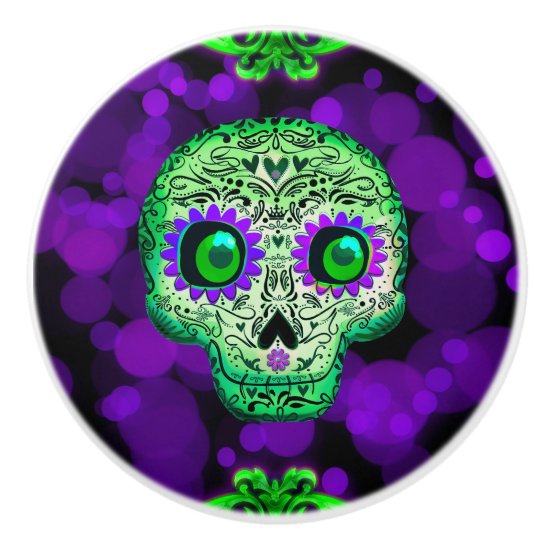 Green & Purple Glowing Sugar Skull Halloween Ceramic Knob