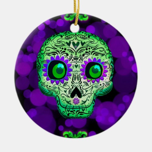 Green  Purple Glowing Sugar Skull Halloween Ceramic Ornament